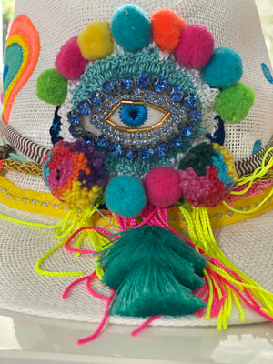 Meraki Hat colors Hat / hand painted/ natural straw/mandala evil eye