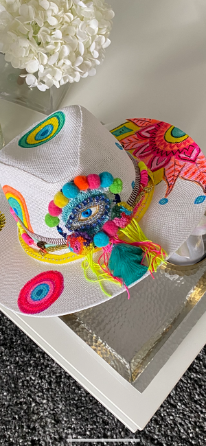 Meraki Hat colors Hat / hand painted/ natural straw/mandala evil eye