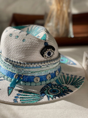 Baby popular Blue EvilEye hand Painted Fedora with Jeweled hat band.