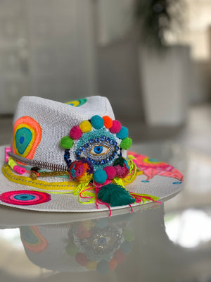 Meraki Hat colors Hat / hand painted/ natural straw/mandala evil eye