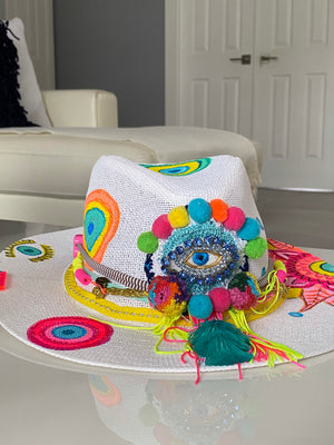 Meraki Hat colors Hat / hand painted/ natural straw/mandala evil eye